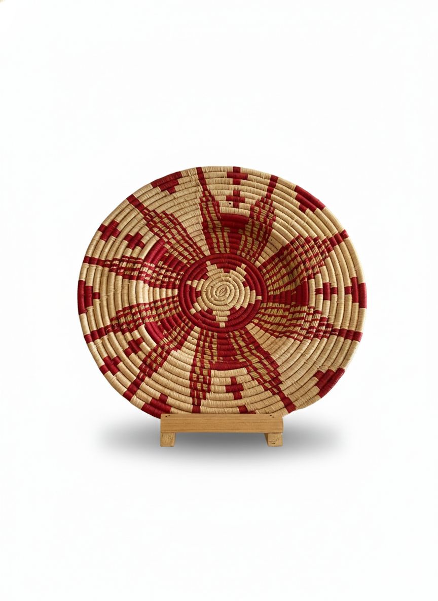 Handwoven Raffia Wall Basket - Geometric Design