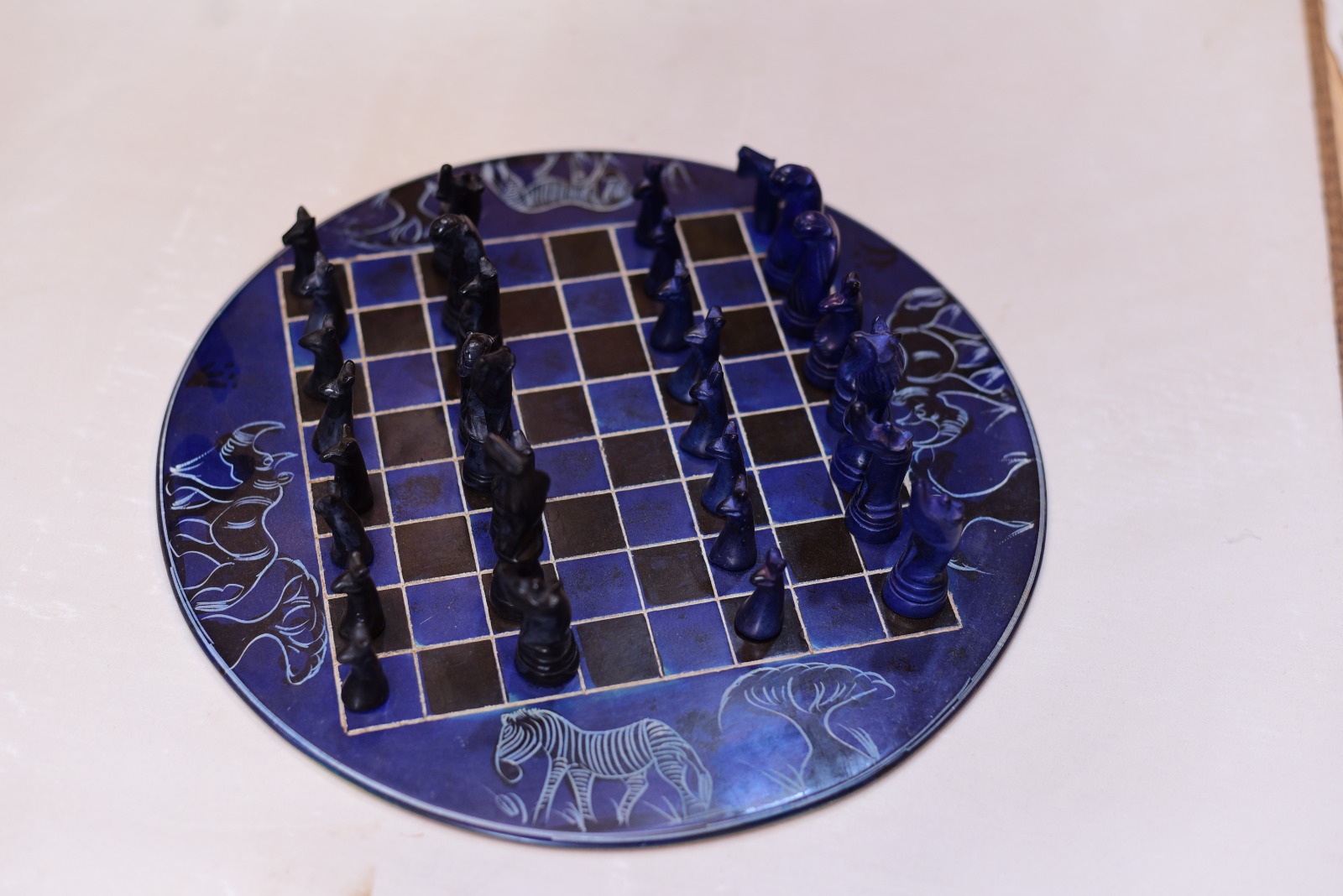 Indigo Hand-Etched Soapstone Chess Set