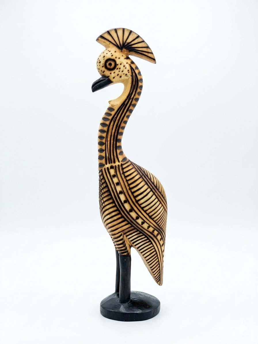 Crested Pride Hand-Carved Wooden Crane Sculpture